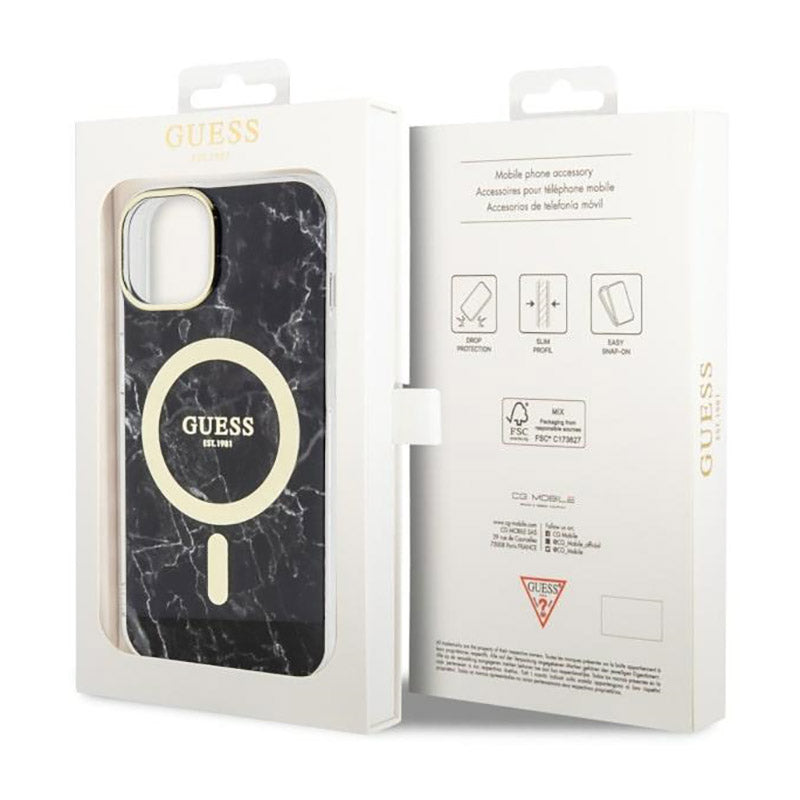 Guess Marble MagSafe – dėklas „iPhone 14 Plus“ (juodas)