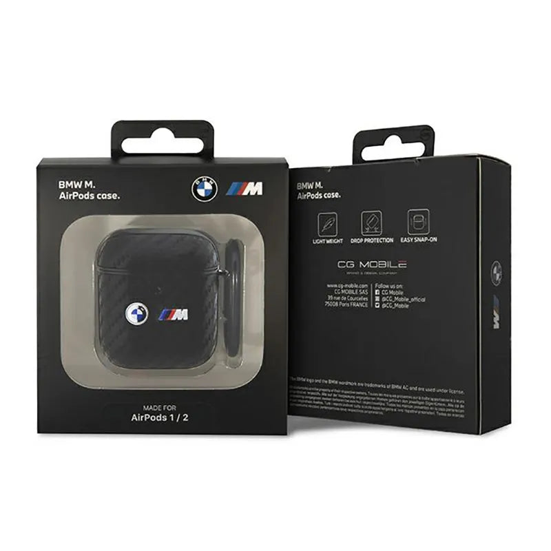 BMW Carbon dvigubas metalo logotipas – dėklas „AirPods 1/2 gen“ (juodas)