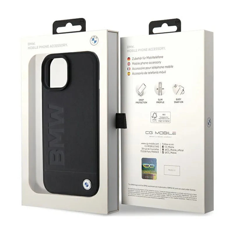 BMW Leather Hot Stamp MagSafe – dėklas, skirtas iPhone 15 Plus (juodas)