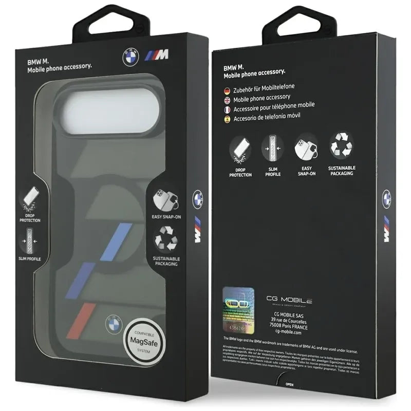 BMW M IML metaliniai mygtukai, trys spalvos, MagSafe – iPhone Air dėklas (juodas)