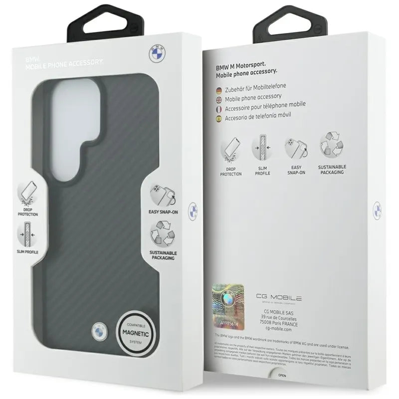 BMW magnetinis dėklas „Carbon Fiber MagSafe“ – „Samsung Galaxy S26 Ultra“ (juodas)