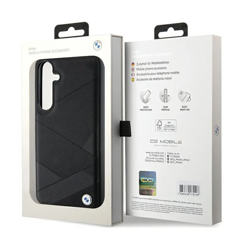 BMW Signature od kolekcijos odinis dėklas su persikryžiuojančių linijų raštu, skirtas „Samsung Galaxy S24+“ (juodas)