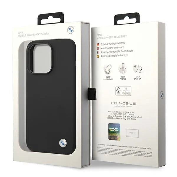 BMW skysto silikono dėklas su metaliniu logotipu, skirtas iPhone 14 Pro Max (Juoda)
