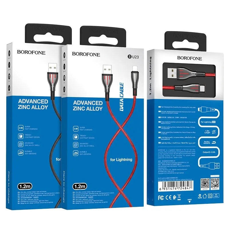 Borofone Highway – 1.2 m USB to Lightning jungties kabelis (juodas / raudonas)