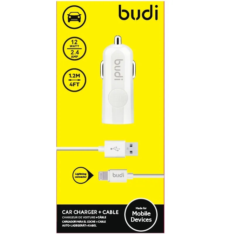 Budi - 1 USB automobilinis įkroviklis su LED indikatoriumi + "Lightning" laidas