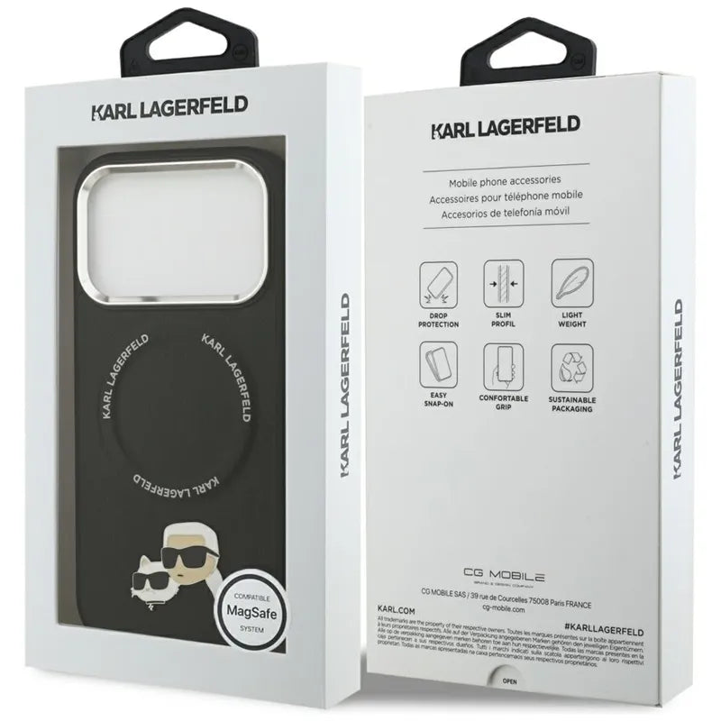 Dėklas MagSafe Karl Lagerfeld Karl & Choupette Smeigtukai, skirtas iPhone 17 Pro Max (juodas)