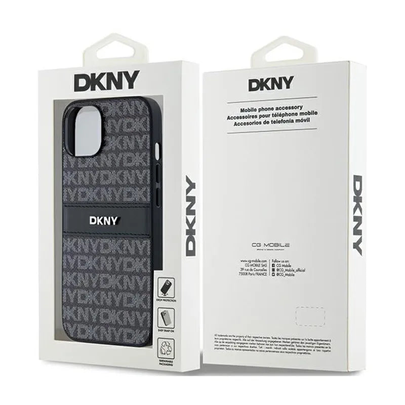 DKNY Leather Mono Stripe & Metal Logo - dėklas iPhone 15 / 14 / 13 (juodas)