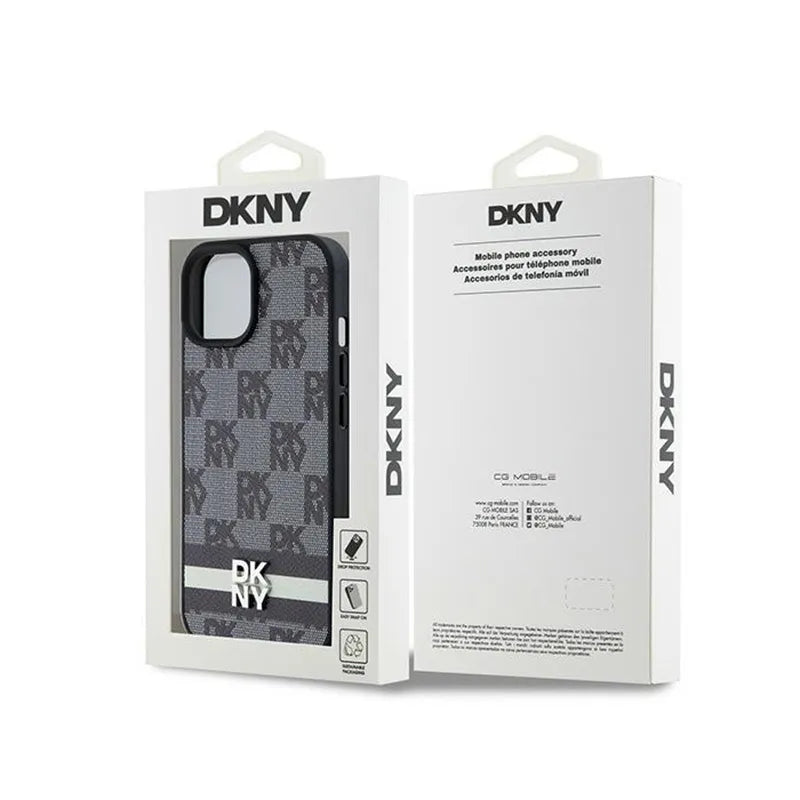 DKNY od karvės odos dėklas "Checkered Mono Pattern & Printed Stripes" – "iPhone 14" / 15 / 13 (juodas)