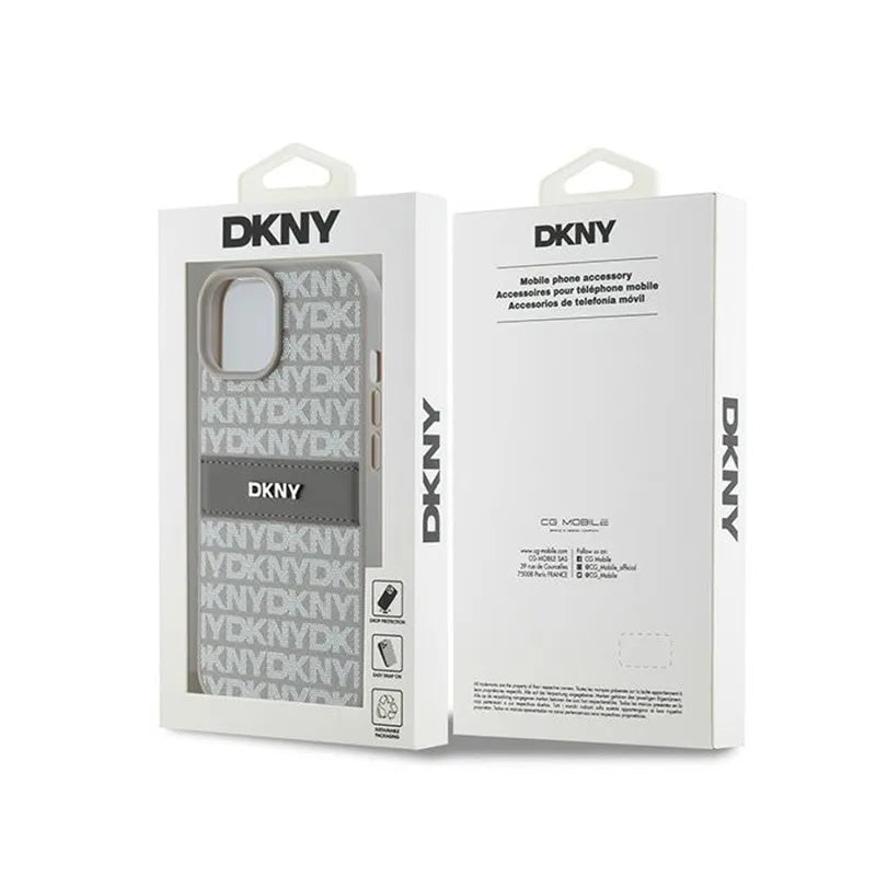 DKNY odinis dėklas „Mono Stripe & Metal Logo“ – skirtas „iPhone 15“ / „14“ / „13“ (smėlio spalvos)
