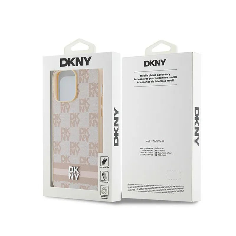 DKNY odinis languotas monogramos raštas ir margos juostelės – dėklas, skirtas „iPhone 14 Pro Max“ (rožinis)