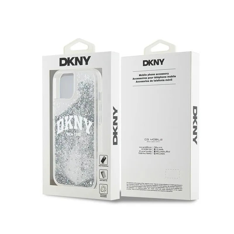 DKNY Skystas blizgučių dėklas su Dideliu logotipu, skirtas iPhone 15 / 14 / 13 (baltas)