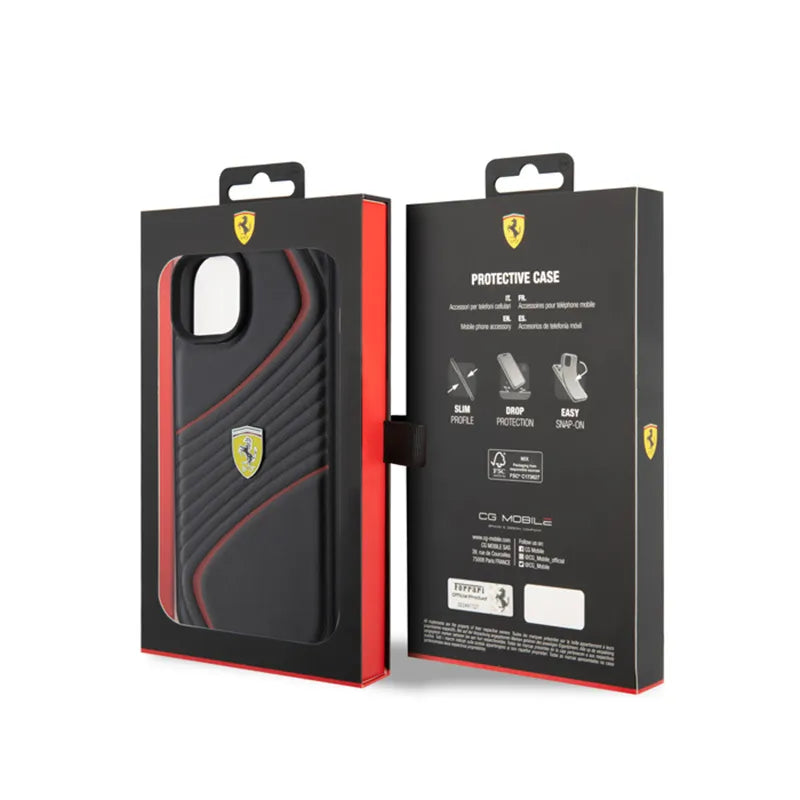 „Ferrari Twist Metal Logo“ – dėklas, skirtas „iPhone 15 Plus“ (juoda spalva)