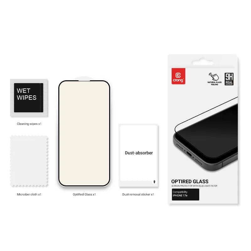 Grūdintas stiklas Crong OptiRed Glass su mėlynos šviesos filtru, skirtas iPhone 17e