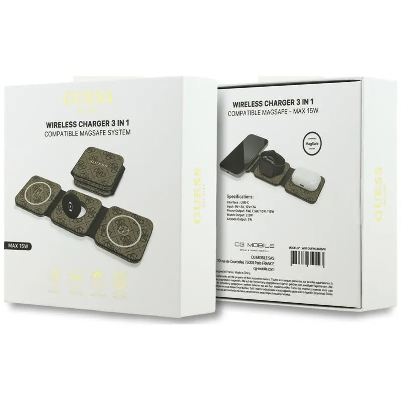 Guess 4G belaidis įkroviklis – „MagSafe“ 3-viename belaidis įkroviklis, skirtas iPhone, AirPods ir Apple Watch 15W (rudos spalvos)