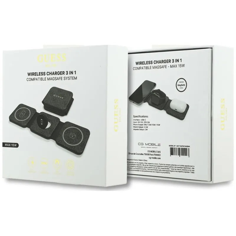 Guess 4G belaidis įkroviklis – „MagSafe“ 3-viename indukcinis įkroviklis, skirtas iPhone, AirPods ir Apple Watch 15W (juodos spalvos)