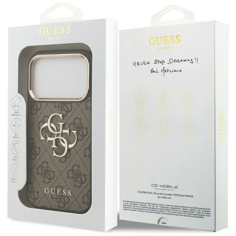 Guess 4G Big 4G Classic Logo dėklas, skirtas iPhone 17 Pro (Ruda / Auksinė)
