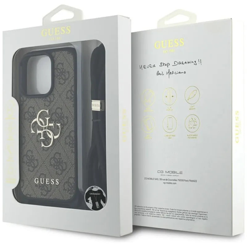 Guess 4G Big Logo Cord Strap krepšys per petį - dėklas, skirtas iPhone 16 Pro Max (rudas)