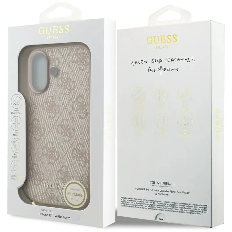 Guess 4G Charms Collection MagSafe – dėklas iPhone 17 (rožinis)