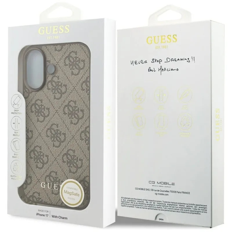 Guess 4G Charms Collection MagSafe – dėklas iPhone 17 (ruda)
