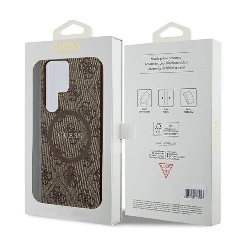 Guess 4G Collection Oda Metalo Logotipas MagSafe - Dėklas Samsung Galaxy S24 Ultra (Rudos spalvos)
