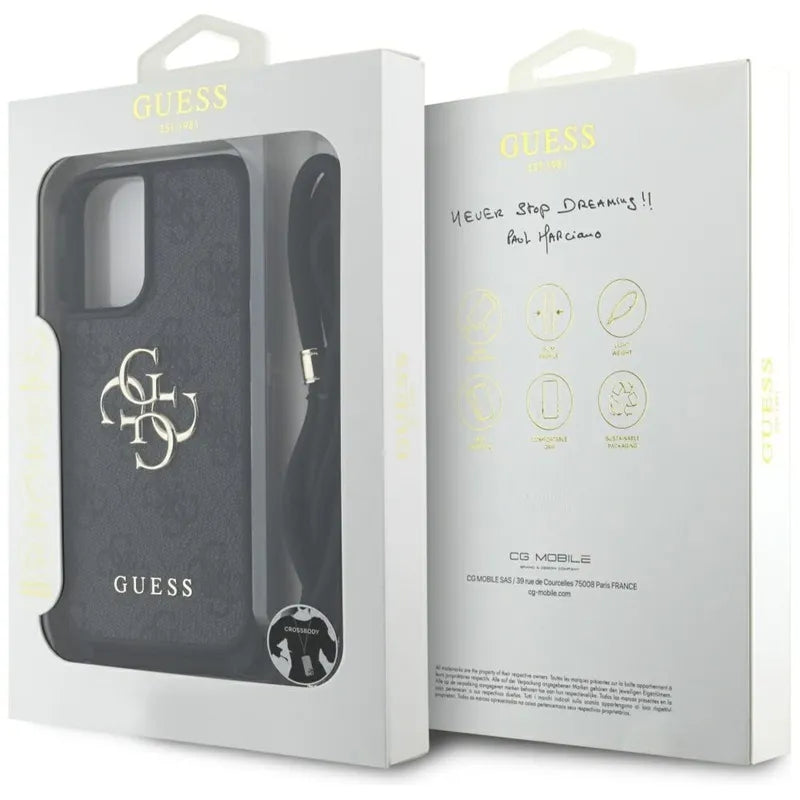 Guess 4G didelis logotipas su virveliniu dirželiu – dėklas, skirtas „iPhone 16 Plus“ (juodas)