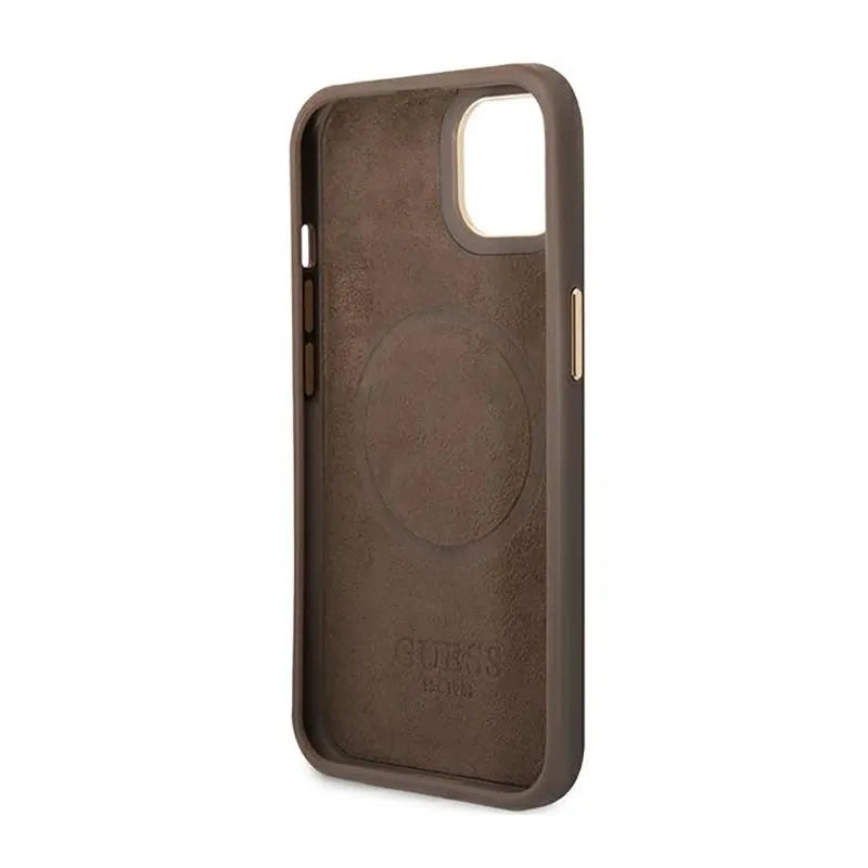 Guess 4G Logo Plate MagSafe – Dėklas iPhone 14 Plus (rudos spalvos)