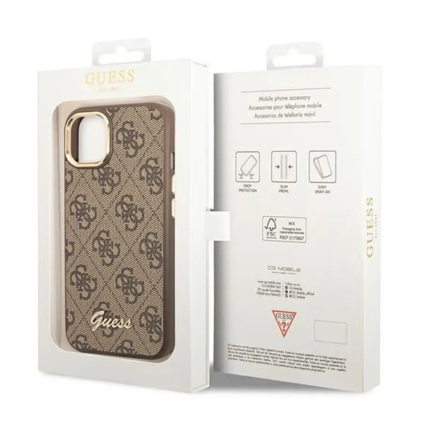 Guess 4G metalinis apvadas kamerai - dėklas skirtas iPhone 14 Plus (rudos spalvos)
