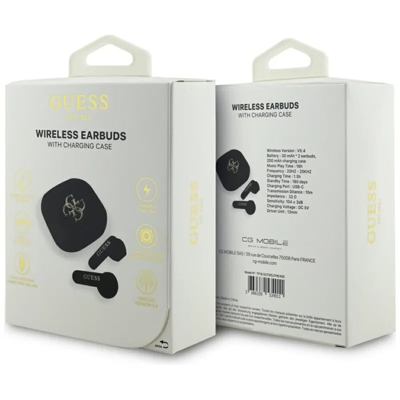Guess 4G Metalo Logotipas - TWS Bluetooth Ausinės + Įkrovimo dėklas (Juodos)