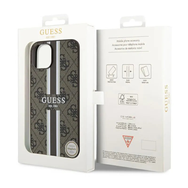 Guess 4G Printed Stripes MagSafe – dėklas iPhone 14 Plus (rudas)