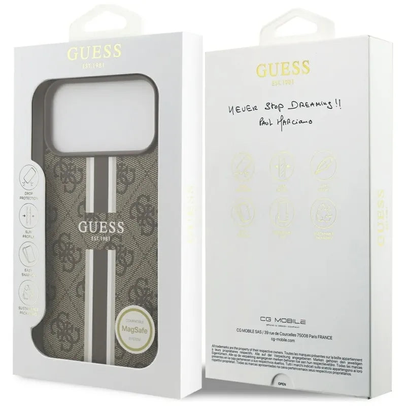 Guess 4G Printed Stripes MagSafe - Dėklas iPhone 17 Pro Max (ruda)