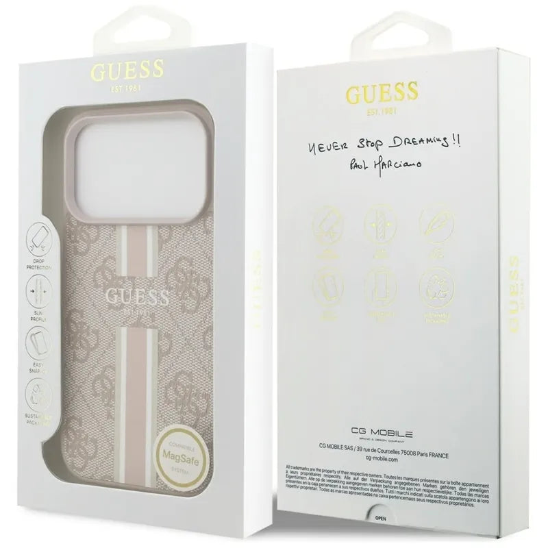Guess 4G Printed Stripes MagSafe dėklas iPhone 17 Pro (rožinė)