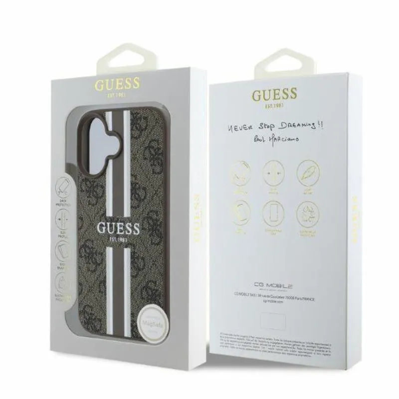Guess 4G raštuotos juostelės MagSafe – dėklas, skirtas „iPhone 16“ (rudas)