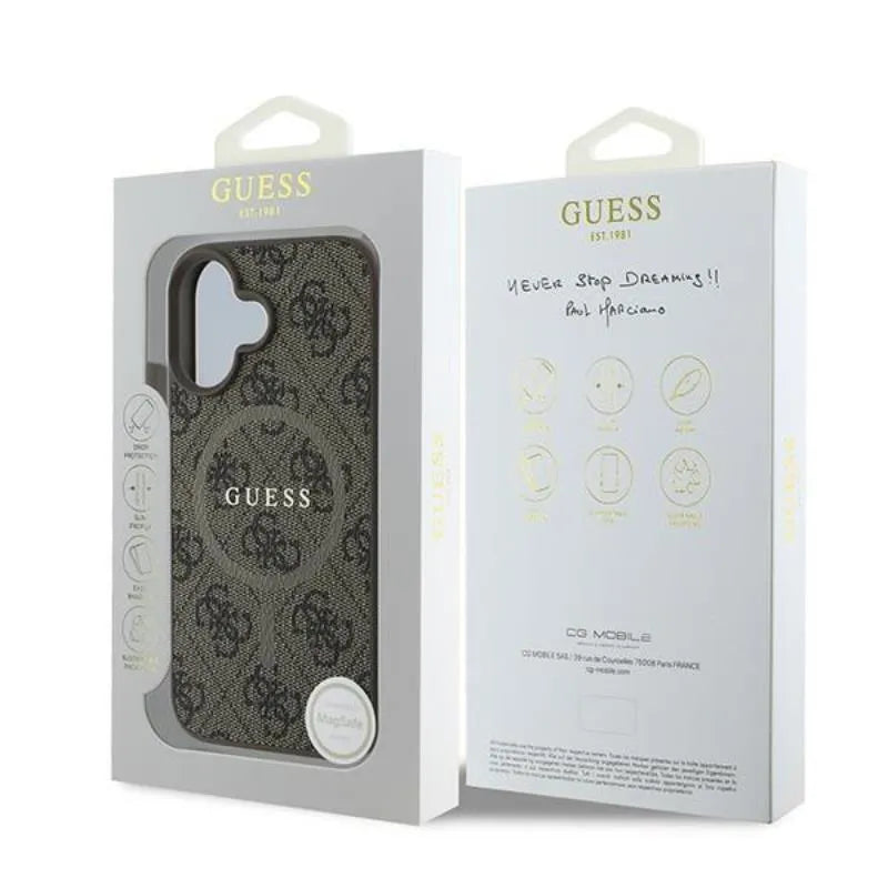 Guess 4G Ring Classic Logo MagSafe - dėklas, skirtas iPhone 16 Plus (rudas)
