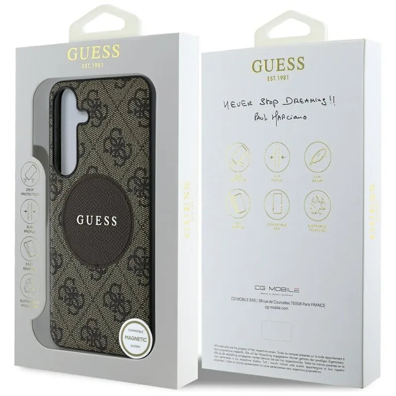 Guess 4G Round Patch Classic Logo MagSafe – dėklas, skirtas Samsung Galaxy S25+ (rudas)