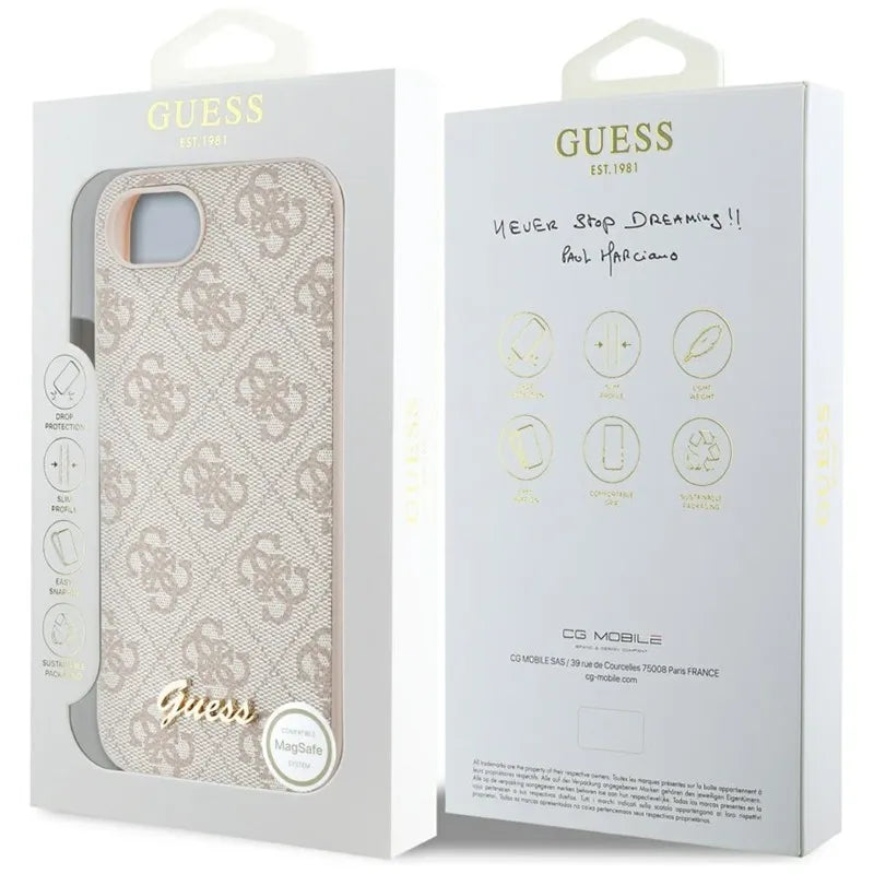 Guess 4G Script Logo MagSafe dėklas, skirtas iPhone 16e (rožinis)