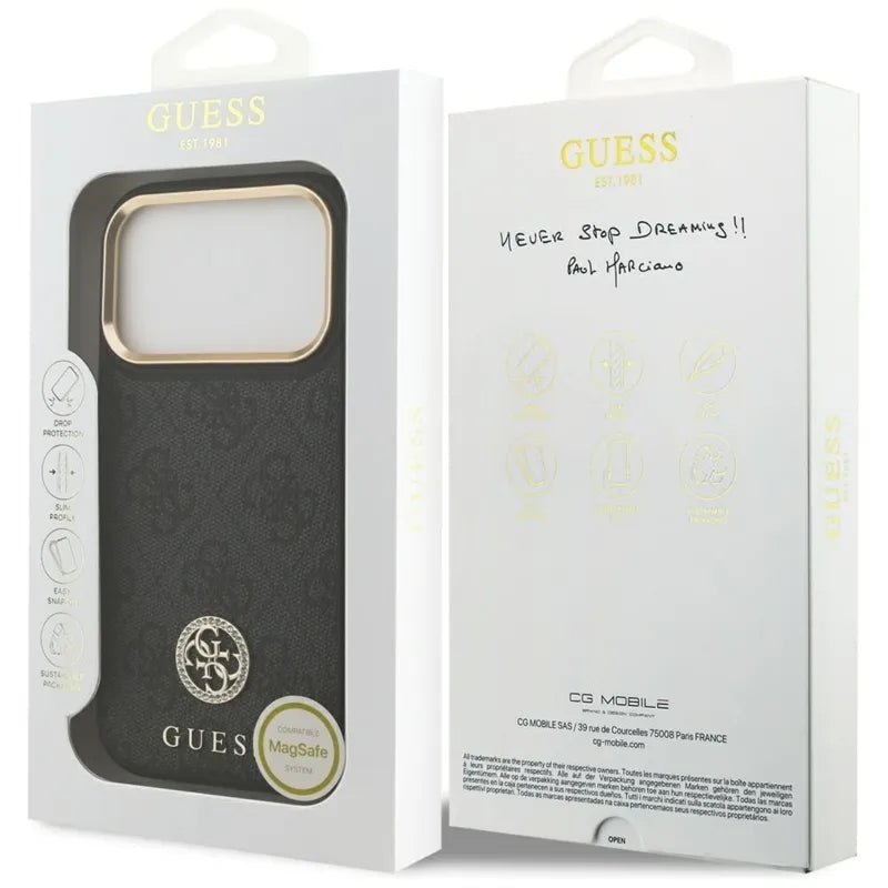 Guess 4G Strass Logo MagSafe dėklas iPhone 17 Pro (juodas)