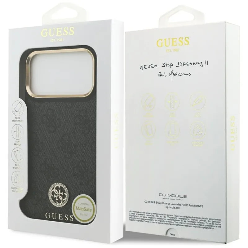 Guess 4G Strass Logo MagSafe dėklas iPhone 17 Pro Max (juodas)