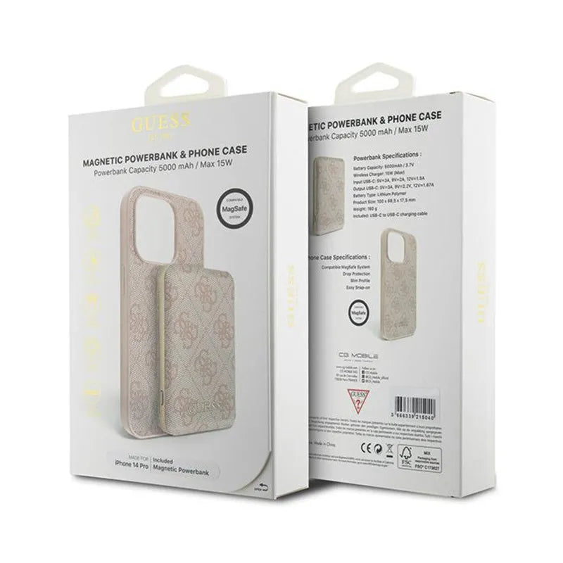 Guess „Bundle Pack“ MagSafe 4G Metal Gold Logo – dėklo rinkinys + 5000mAh MagSafe išorinis akumuliatorius, skirtas „iPhone 14 Pro“ (rožinis)