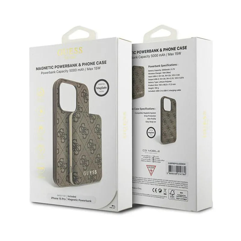 Guess Bundle Pack MagSafe 4G Metal Gold Logo - dėklų rinkinys + Power Bank 5000mAh MagSafe iPhone 15 Pro (ruda)