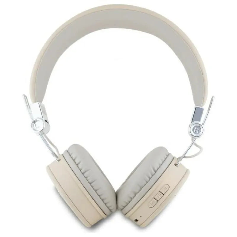 Guess Classic apvalios formos "Grained" – belaidės ant ausies Bluetooth ENC ausinės (smėlio spalvos)
