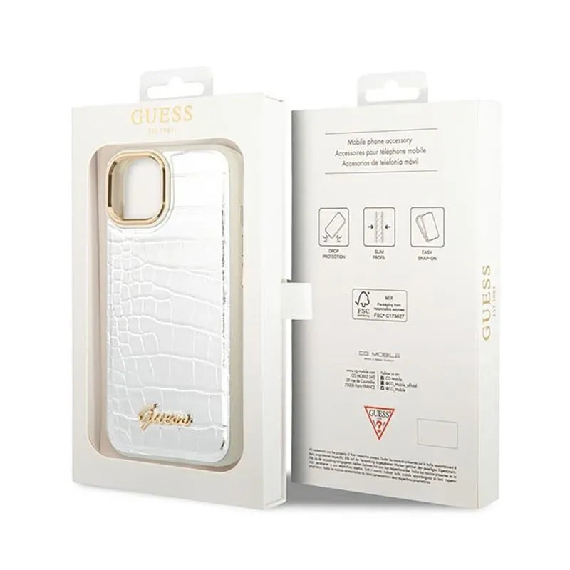 Guess Croco Collection - dėklas skirtas iPhone 14 Plus (Sidabro spalvos)