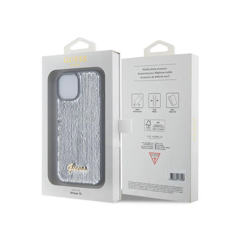 Guess dėklas su metaliniu blizgučių užrašu, skirtas „iPhone 15“ (sidabrinis)