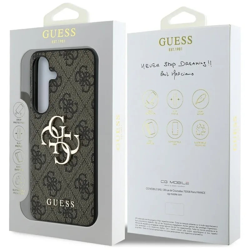 Guess Didelio 4G logotipo klasikinis dėklas, skirtas Samsung Galaxy S25+ (rudas)