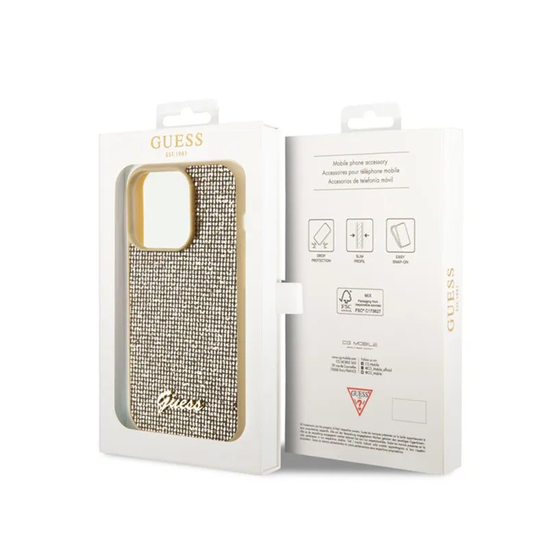 Guess Disco Metal Script – dėklas, skirtas „iPhone 15 Pro“ (auksinis)
