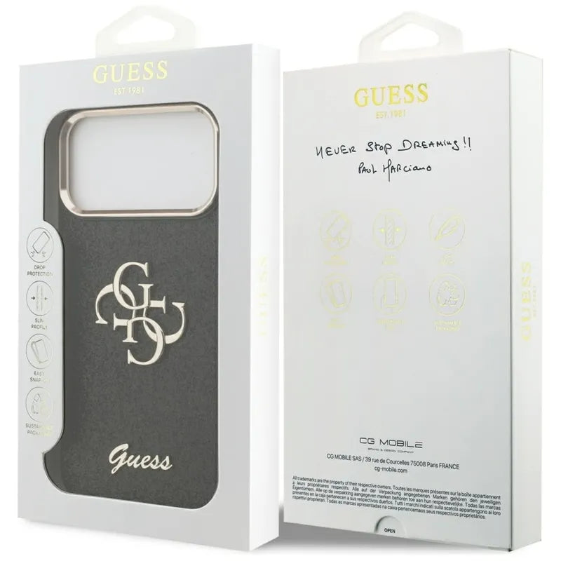 Guess Fiksuotas Blizgučių Dėklas su Metaliniu Rėmeliu iPhone 17 Pro Max (juodas)