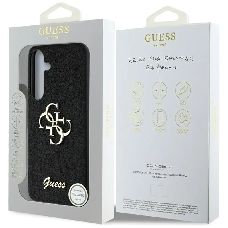 Guess Fixed Glitter Big 4G Metal Logo - dėklas, skirtas Samsung Galaxy S25+ (juodas)
