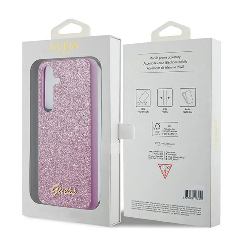 Guess Glitter Flakes Metal Logo dėklas – dėklas, skirtas Samsung Galaxy S24 (violetinė)