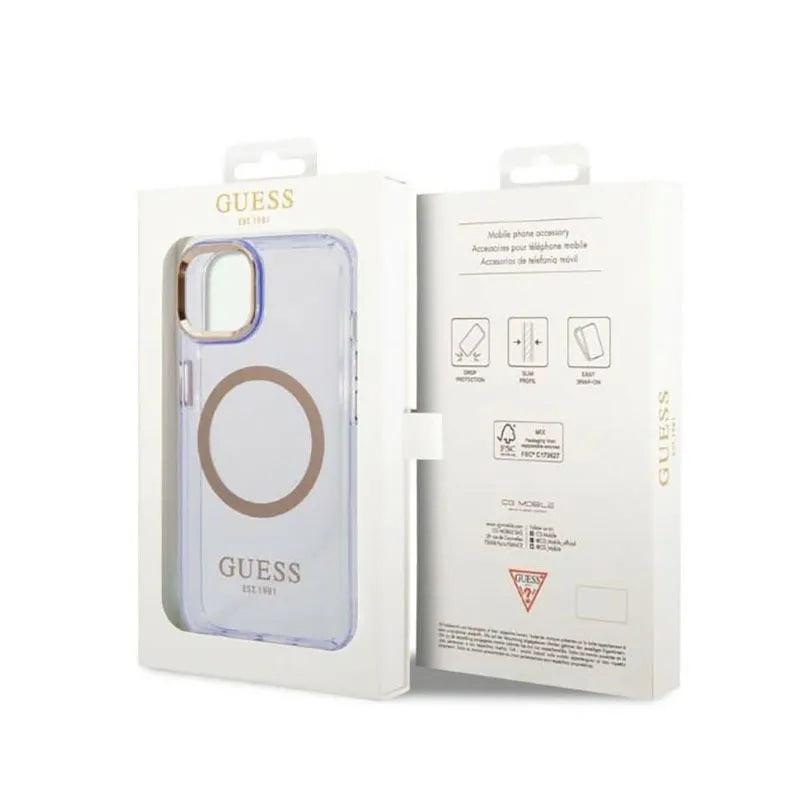 Guess Gold Outline permatomas MagSafe - „iPhone 14“ dėklas (violetinė)