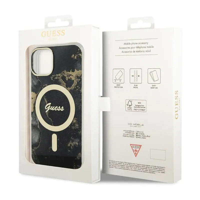 Guess Golden Marble MagSafe – dėklas, skirtas iPhone 14 (juodas)