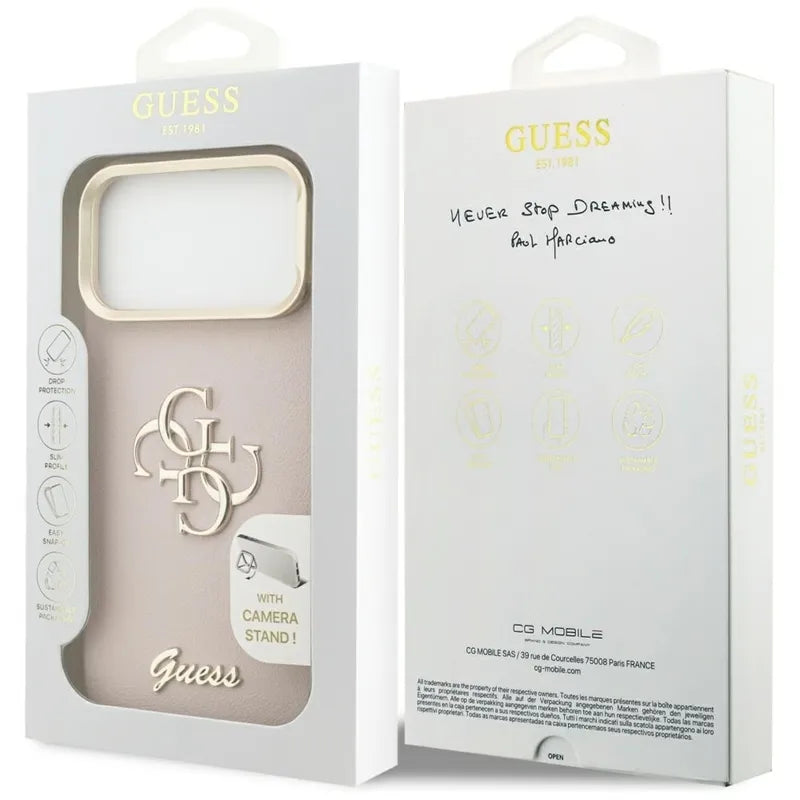 Guess Grained Dydis 4G ir Stovas Kamerai - dėklas iPhone 17 Pro Max (rožinis)